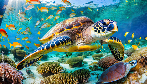 sea turtle surrounded by colorful fish underwater