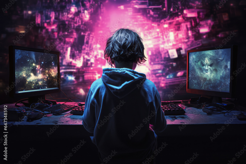 Obraz premium Boy playing video games late at night on two displays. Purple pink abstract color of room. Shot from behind.