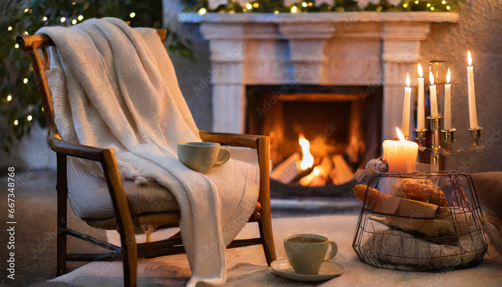 romantic and cozy evening atmosphere with reading chair cozy blanket candles and cup of tea and fireplace