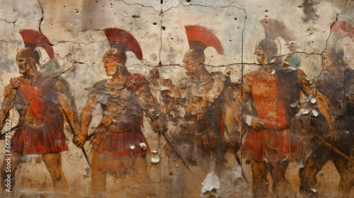 Ancient Greek or Roman warriors on battlefield, vintage wall fresco of past civilization. Old damaged painting with soldiers armed with spears. Theme of Greece, Rome, Sparta, art