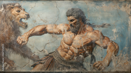 Old wall painting with Hercules fighting lion, Ancient Greek or Roman art. Damaged cracked fresco with hero, artifact of past civilization. Concept of mythology, history