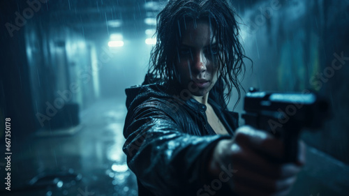Young woman aims gun, adult girl holds weapon at night. Female person with pistol in rain like in thriller movie. Concept of killer, spy, detective, action, murderer photo