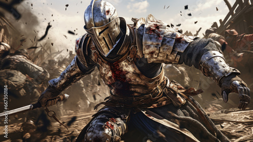 Medieval warrior fights in battle, knight with sword close-up. Dramatic scene with soldier in iron armor, helmet, man on battlefield. Concept of war, action, history