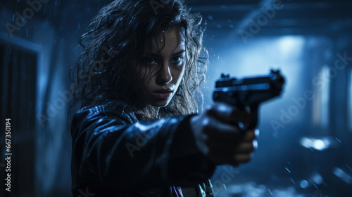 Girl points gun, female killer or spy holds weapon at night. Young woman with pistol in dark alley like in thriller movie. Concept of detective, action, murderer, security photo