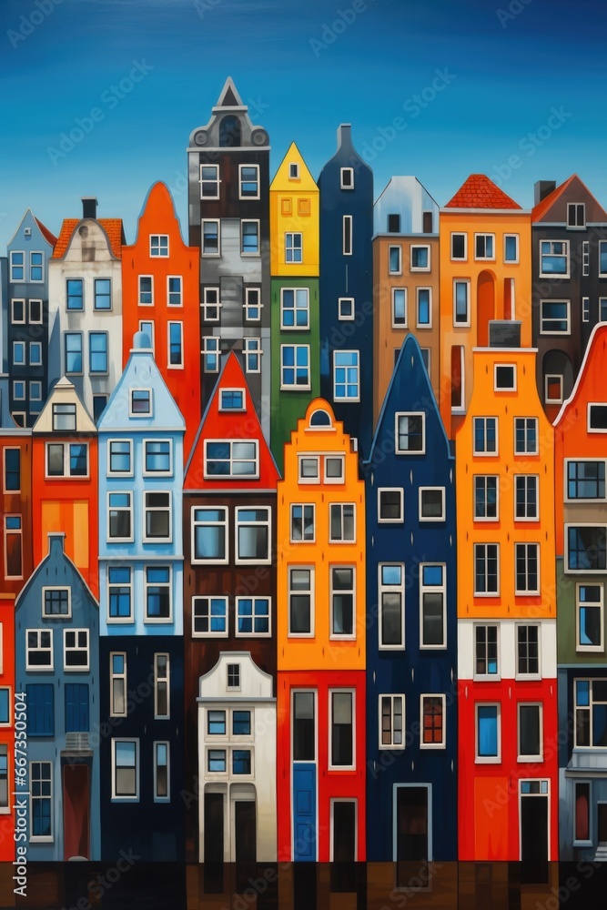 A painting of a city with many different colored buildings