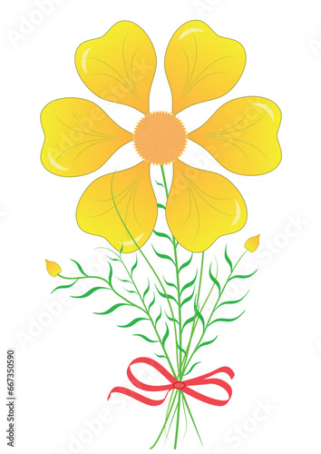 Beautiful bouquet with bow, object isolated.Flowers with leaves decoration vector illustration design. Empty space.
