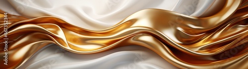 Cloth gold and white or silk, velvet fabric with shiny reflections, curved into soft waves. Flowing beautifully, luxury and elegant. Gold stainless steel, aluminum, metal, cloth material. Top view. 