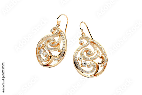 Golden earrings isolated on a transparent and white background