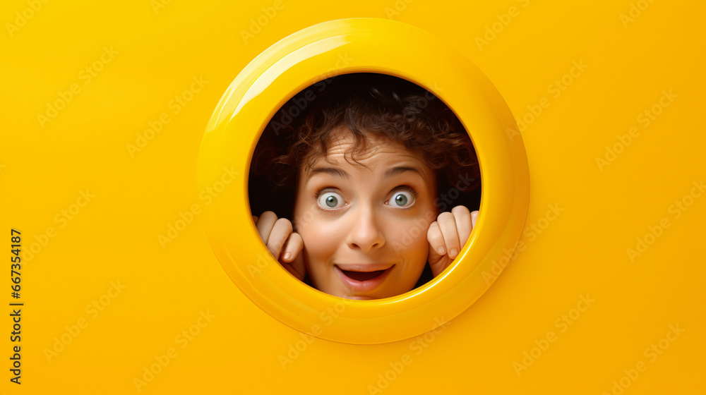 funny woman in a porthole against a yellow background - obrazy, fototapety, plakaty 