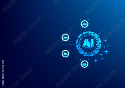 AI security technology protect data, cloud network. Concept of internet privacy or cyber protection on the blue background. banner elements, data encryption, verification, software. Global network and