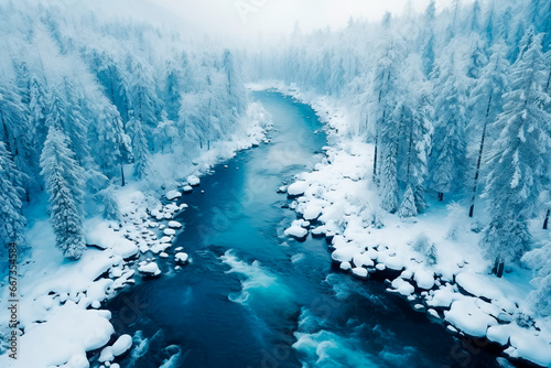 View of the winter forest and river from a bird's-eye view. Aerial shot. Fog in a winter forest. An incredible landscape of the cold season in the wild
