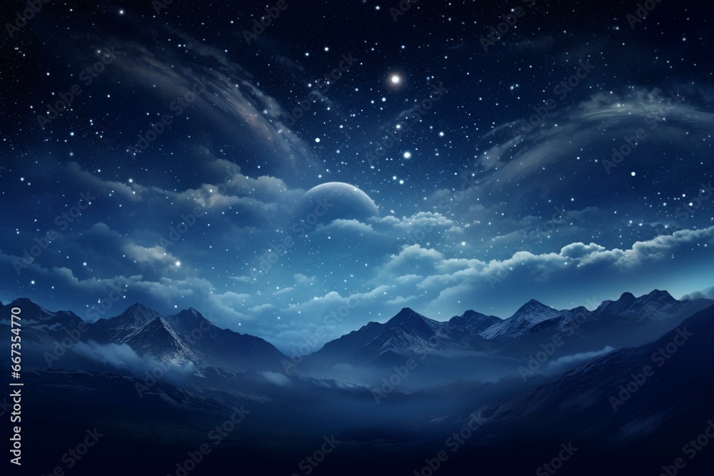 Nighttime scene featuring crescent moon, starry sky, mountains, clouds, and stars. Generative AI