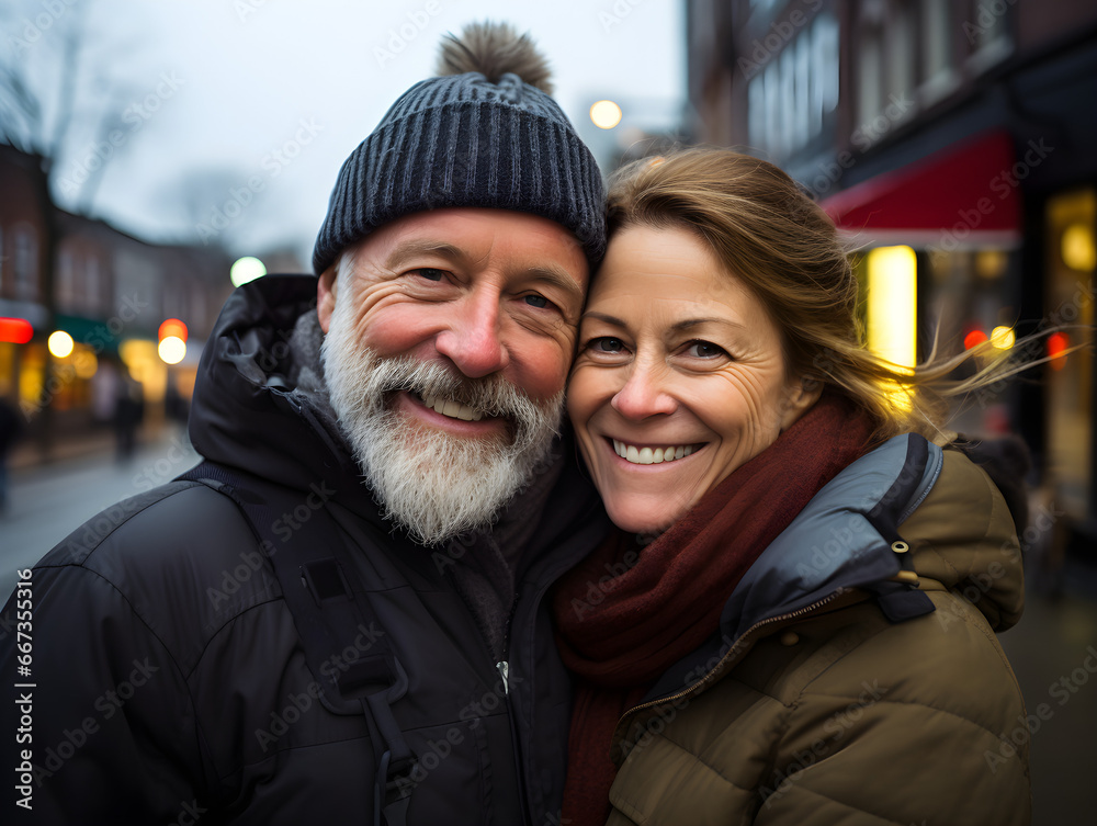 A mature couple is smiling outside on a city street during winter, A mature couple is smiling outside on a city street during winter,