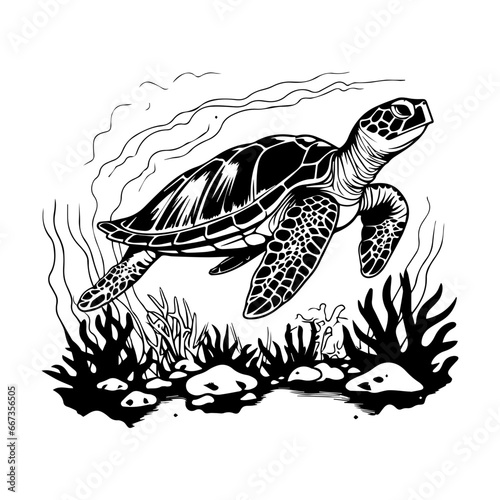 sea turtle with coral reefs and seaweeds vector,Black and white hand-drawn graphics translated into vector illustration, ai generated.