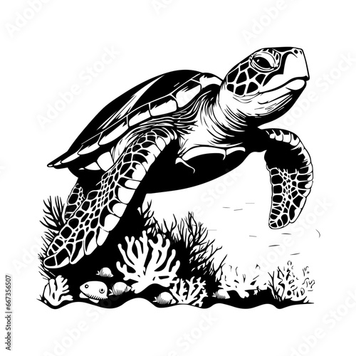 sea turtle with coral reefs and seaweeds vector,Black and white hand-drawn graphics translated into vector illustration, ai generated.
