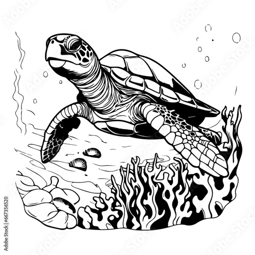 sea turtle with coral reefs and seaweeds vector,Black and white hand-drawn graphics translated into vector illustration, ai generated.
