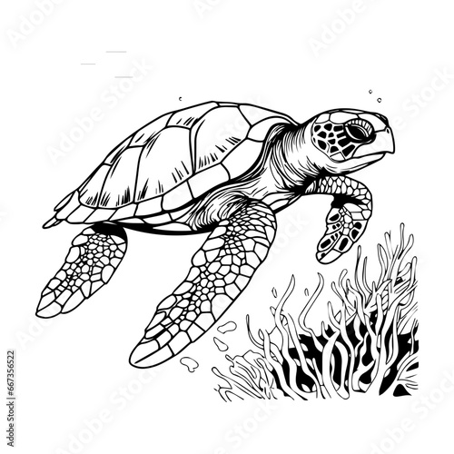 sea turtle with coral reefs and seaweeds vector,Black and white hand-drawn graphics translated into vector illustration, ai generated.