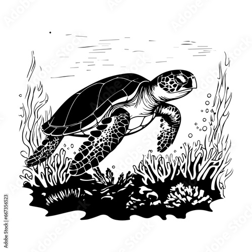 sea turtle with coral reefs and seaweeds vector,Black and white hand-drawn graphics translated into vector illustration, ai generated.