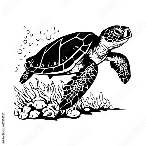 sea turtle with coral reefs and seaweeds vector,Black and white hand-drawn graphics translated into vector illustration, ai generated.