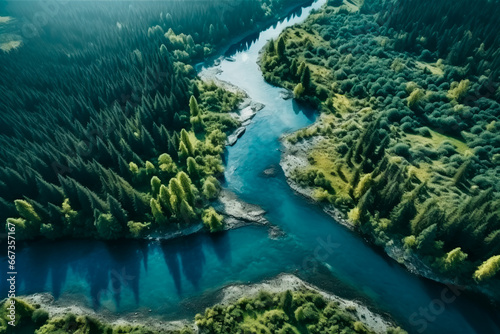 View of the green forest and river from a bird s-eye view. Aerial shot. Fog in a warm forest. An incredible landscape of the green season in the wild