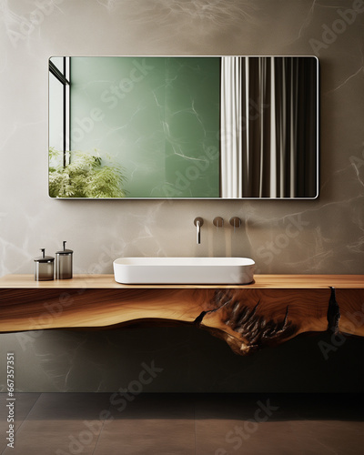 Bathroom interior. Minimalist mirror and sink on a live-edge wooden desk. 