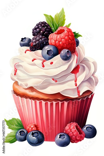 Watercolor cupcake with cream and berries on a white background. 