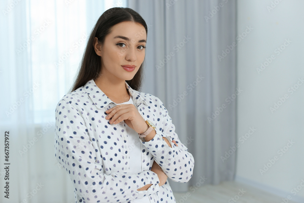 Portrait of beautiful young woman at home. Space for text Portrait of beautiful young woman at home. Space for text