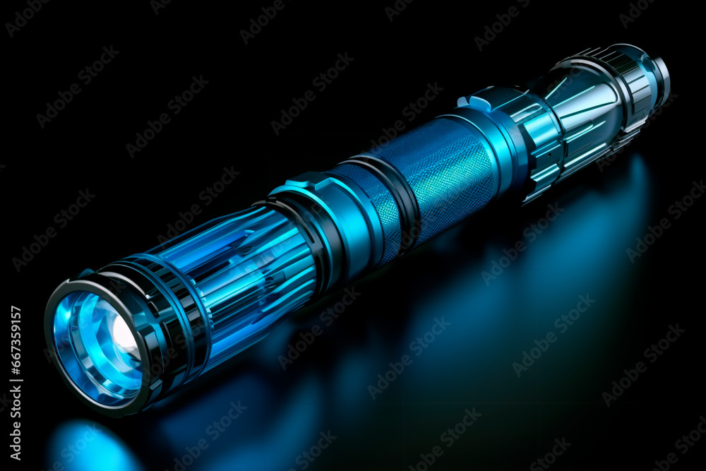 A lantern with blue light on a black background. Modern black lantern with a strong beam of light A lantern with blue light on a black background. Modern black lantern with a strong beam of light