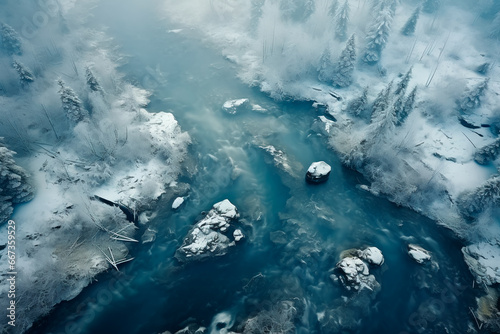 View of the winter forest and river from a bird's-eye view. Aerial shot. Fog in a winter forest. An incredible landscape of the cold season in the wild