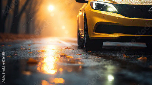 car luminous fog lamp close-up, autumn wet road in the weather rain and fog, leaf fall in yellow tones