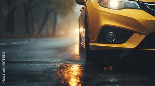 car luminous fog lamp close-up, autumn wet road in the weather rain and fog, leaf fall in yellow tones © Ziyan Yang