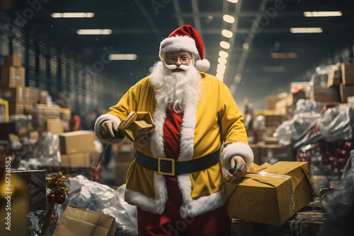 santa gift box, christmas parcels, Warehouse Worker Santa, distribution warehouse, Shipping center postal, parcel logistics shipping, preparing working warehouse, Cardboard boxes, Online shopping
