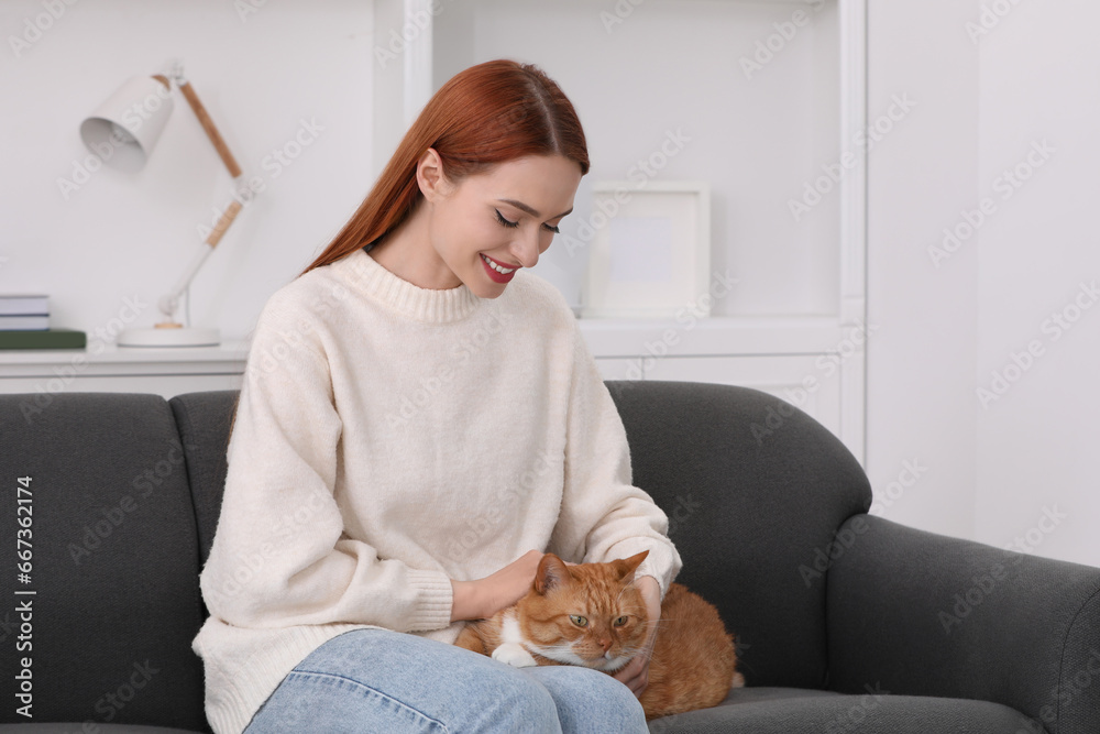 Happy woman with her cute cat on sofa at home Happy woman with her cute cat on sofa at home