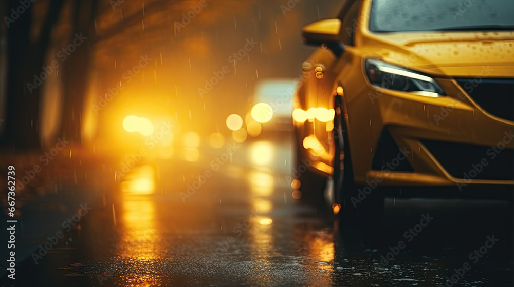 car luminous fog lamp close-up, autumn wet road in the weather rain and fog, leaf fall in yellow tones car luminous fog lamp close-up, autumn wet road in the weather rain and fog, leaf fall in yellow tones