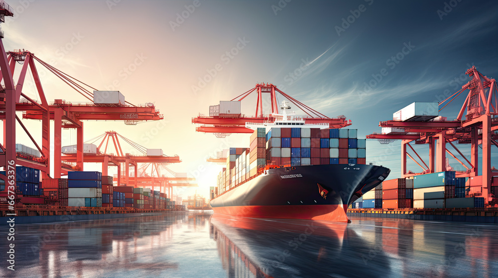 Container ship carrying container boxes import export dock with quay crane. Business commercial trade global cargo freight shipping logistic and transportation worldwide  - obrazy, fototapety, plakaty 