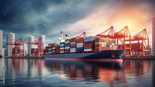 Container ship carrying container boxes import export dock with quay crane. Business commercial trade global cargo freight shipping logistic and transportation worldwide 
