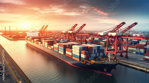 Container ship carrying container boxes import export dock with quay crane. Business commercial trade global cargo freight shipping logistic and transportation worldwide 