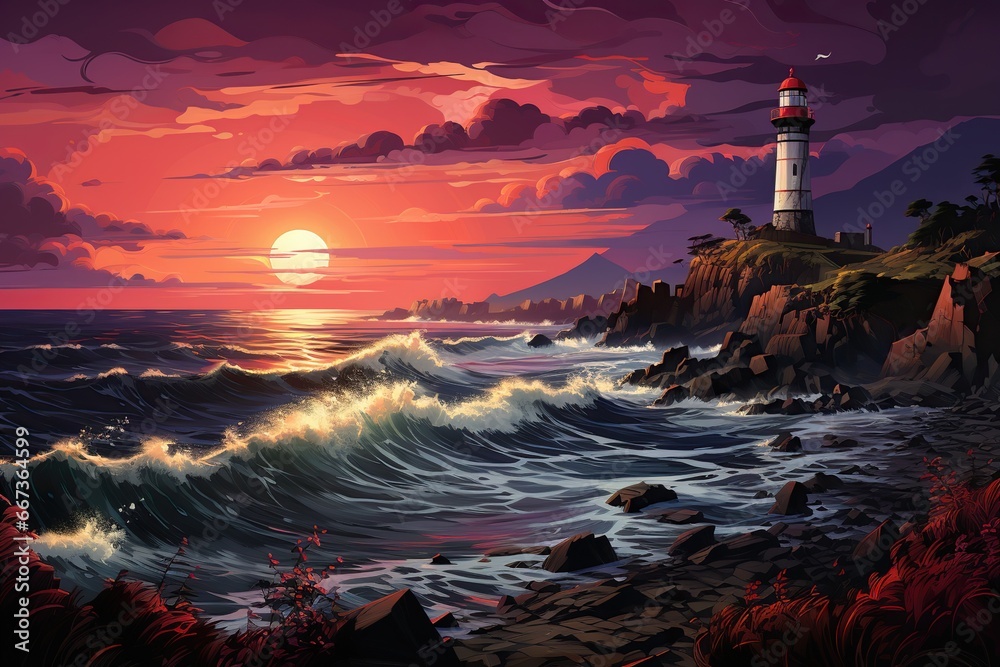 illustration of a lighthouse on a promontory at sundown
