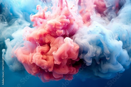 Vibrant smoke clouds blend blue and pink hues. Generative AI