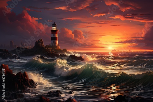 illustration of a lighthouse on a promontory at sundown, sea in background