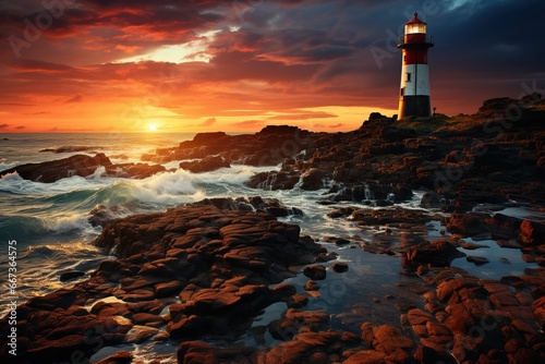 painting of a lighthouse on a promontory at sunset