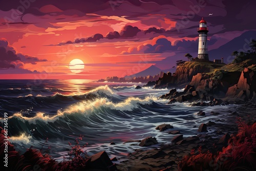 illustration of a lighthouse on a promontory at sundown