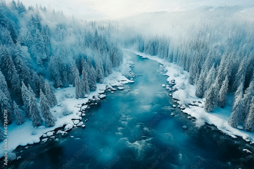 View of the winter forest and river from a bird's-eye view. Aerial shot. Fog in a winter forest. An incredible landscape of the cold season in the wild