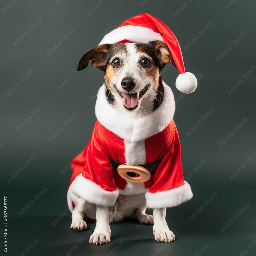 Adorable Jack Russell Terrier, dressed as Santa Claus