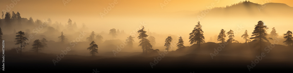 long panorama silhouettes of  the autumn fog at sunset, freedom and silence of nature wild forest in sunset colors