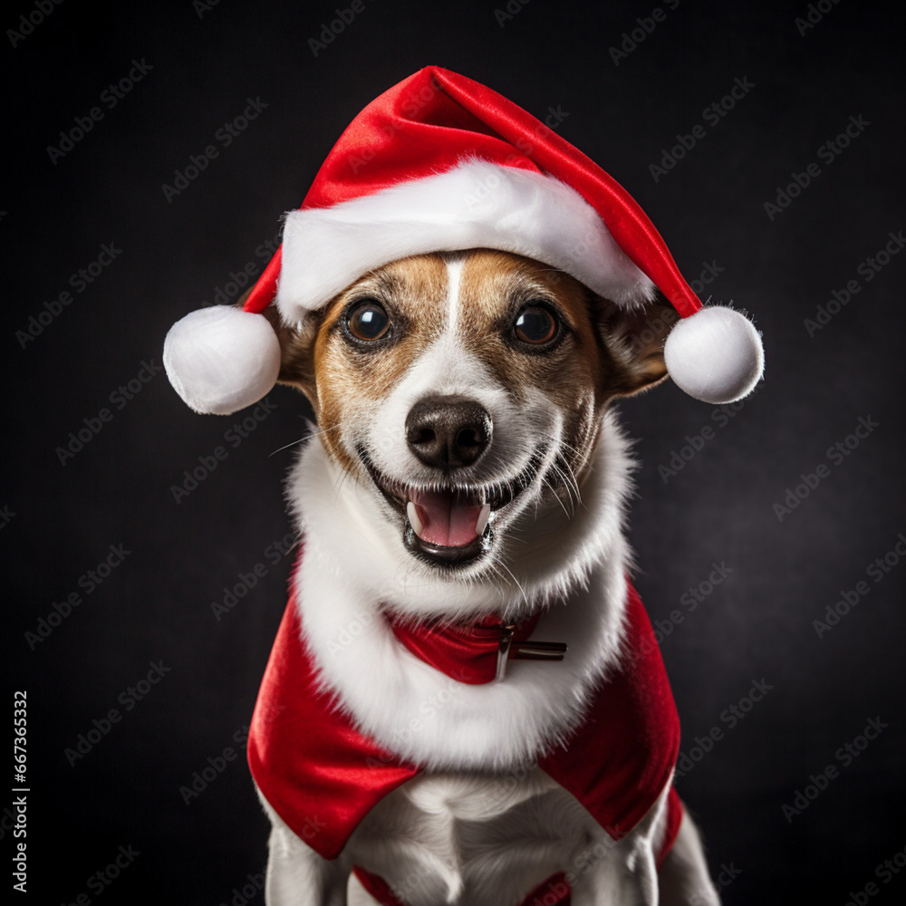 Adorable Jack Russell Terrier, dressed as Santa Claus