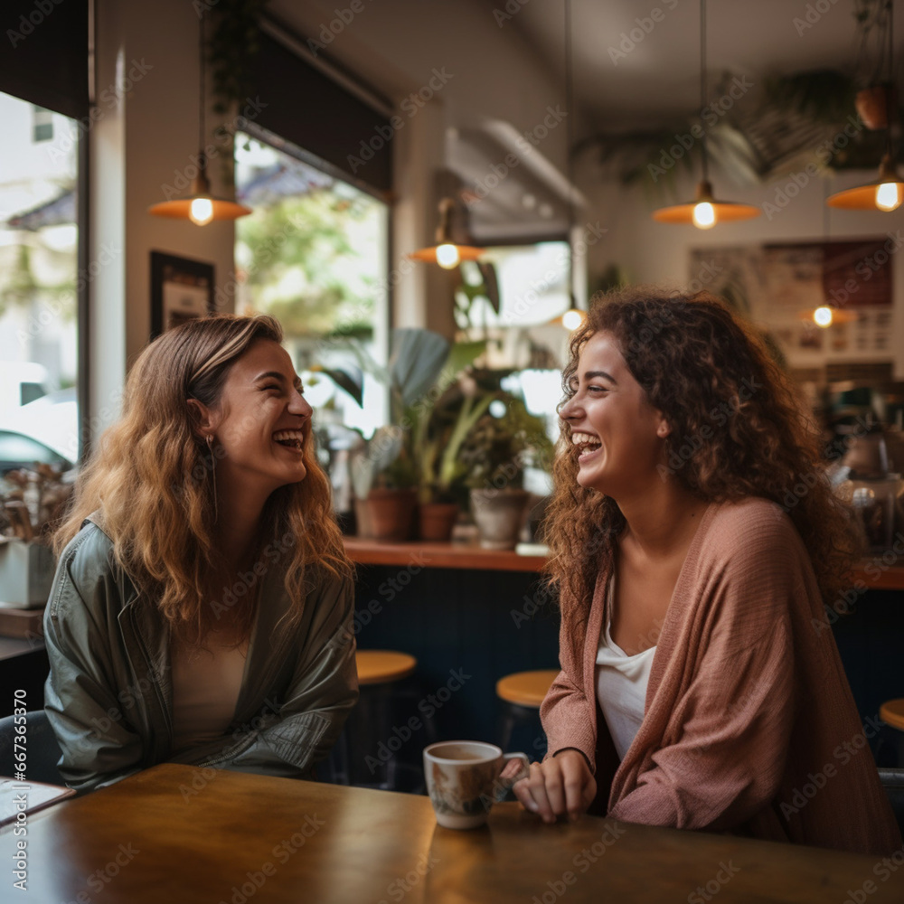 Two young women sharing a moment eating or having coffee in a restaurant or cafe Two young women sharing a moment eating or having coffee in a restaurant or cafe