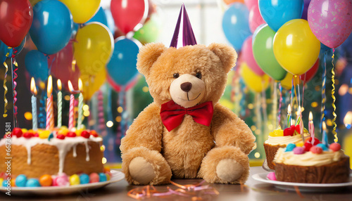 teddy bear with celebrating birthday party