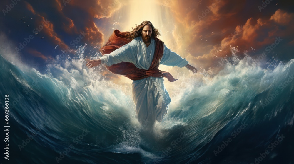 Illustration of Jesus walking on water calming the storm