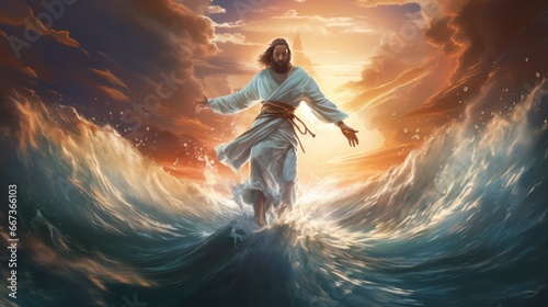 Illustration of Jesus walking on water calming the storm